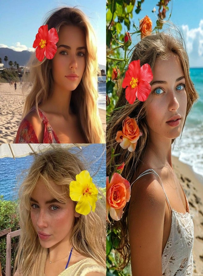 Jeffan 2 PCS Hawaiian Flowers Hair Clips, Hibiscus Flowers Hair Clip Beach Party Bohemian Flower Hair Accessories for Women Girls Dancer Bride Wedding Beach Party (Red) - Image 4
